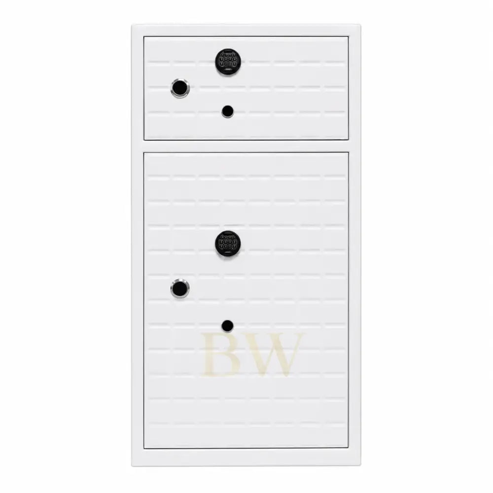 White safe with black circular features on a white background