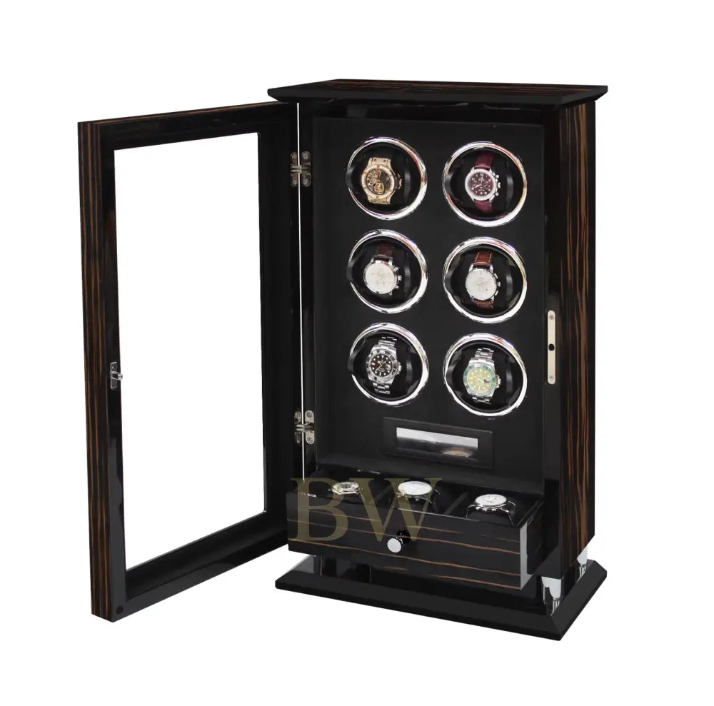 Wooden watch winder with six watches inside on a white background