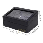 Black watch winder box with window on top, showing two watches inside, with dimensions indicated.