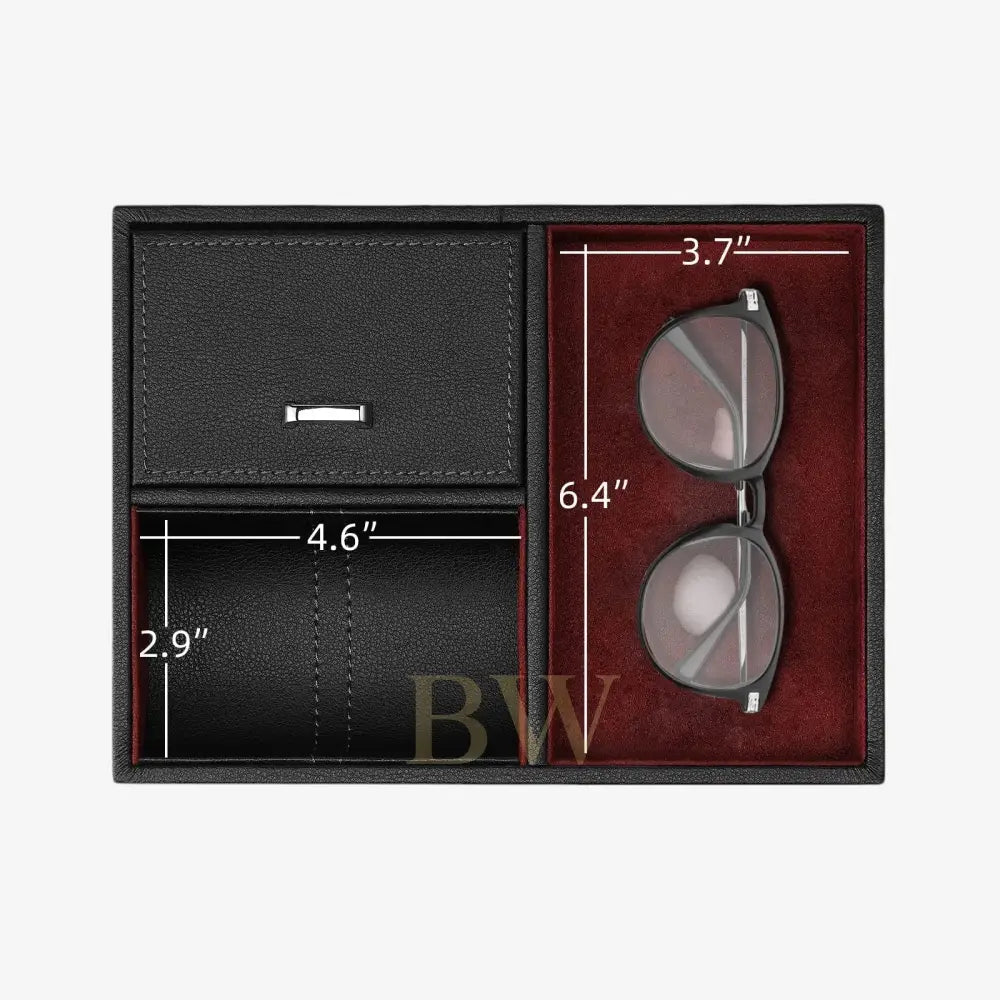 Black leather wallet and sunglasses in a box with measurements of a watch winder ompartment