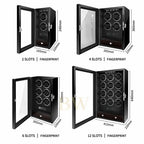 4 Watch winders with dimensions and slot capacities on a white background