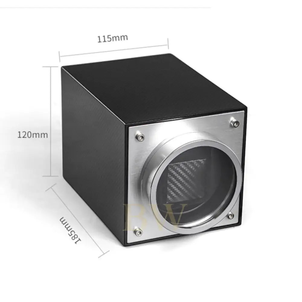Black and silver cylindrical single watch winder with dimensions labeled on a white background
