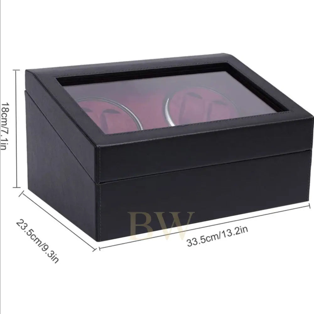 Black watch box with glass lid displaying watches, shown with dimensions on a white background.