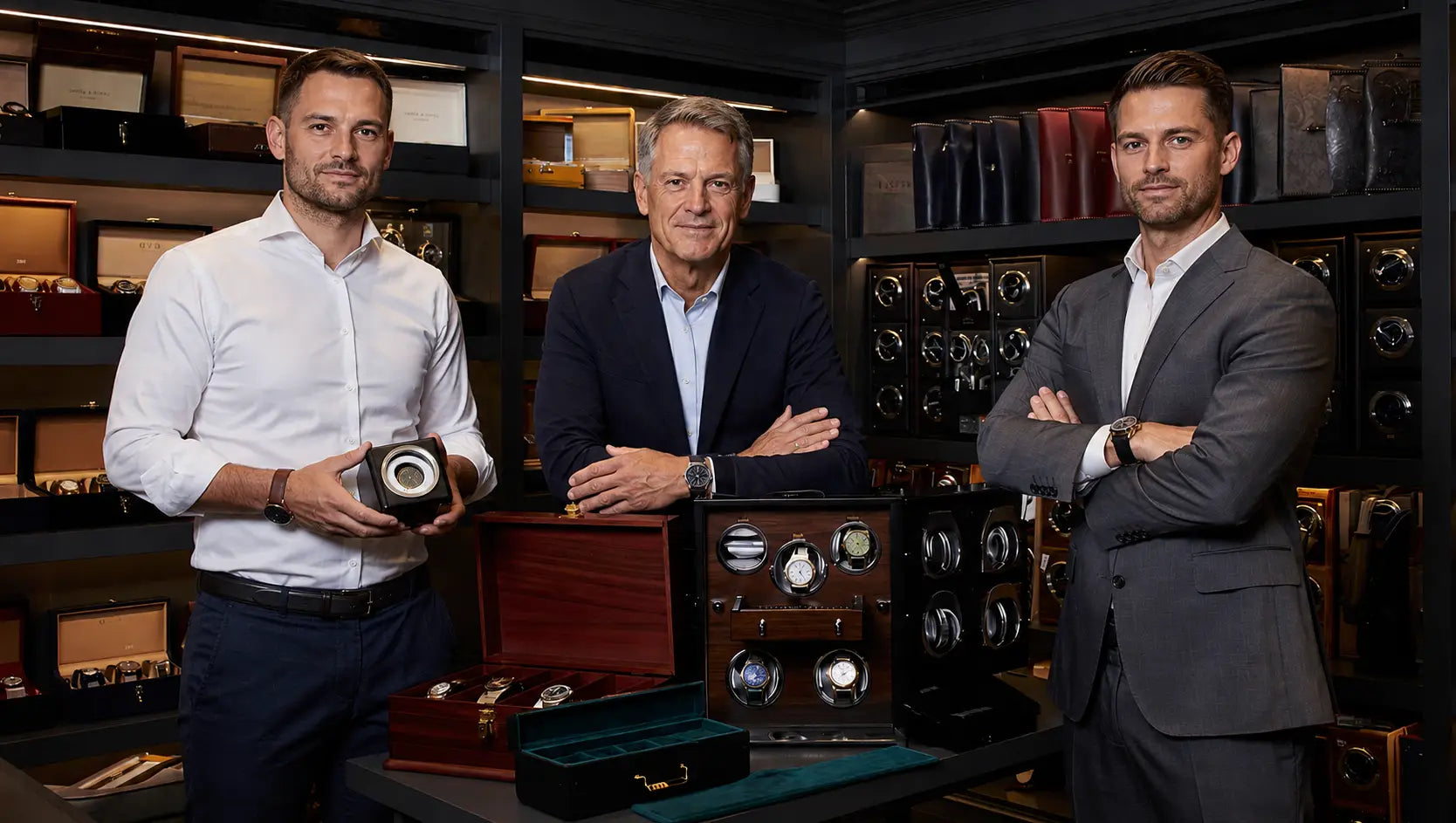 Three watch specialist standing in a room filled with watches and watch winders