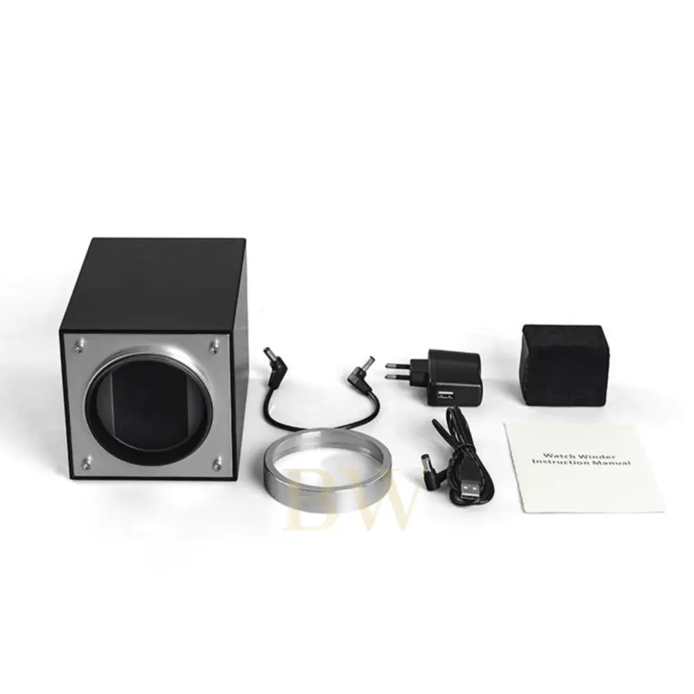 Collection of electronic components and accessories of watch winder on a white background