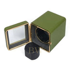 Green auto watch winder box with mirror and black interior