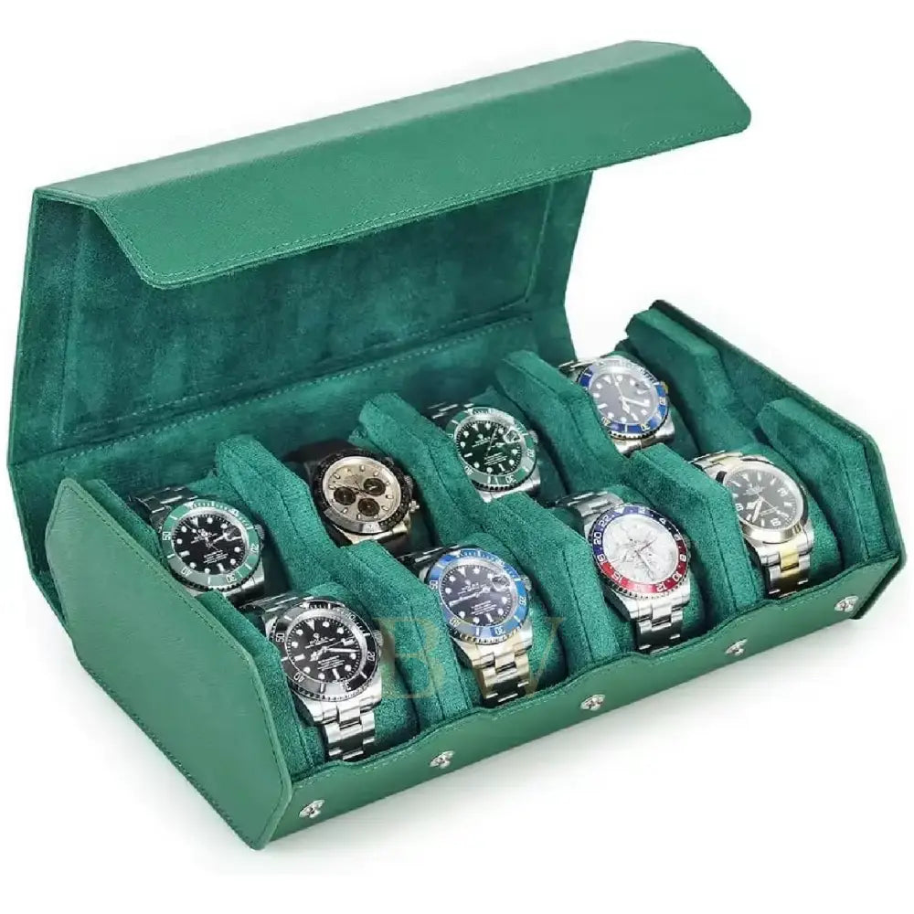 A green watch roll case with velvet compartments, shown open and filled with multiple wristwatches on a white background.