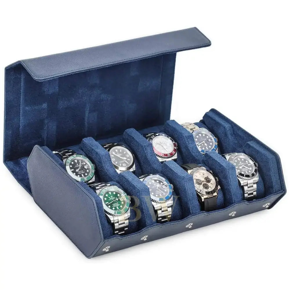 A navy blue watch storage box with a hinged lid, shown open and filled with eight watches arranged in individual compartments. The box has a textured navy velvet-like exterior and matching interior cushioning.