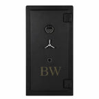 Black safe door with a silver handle on a white background