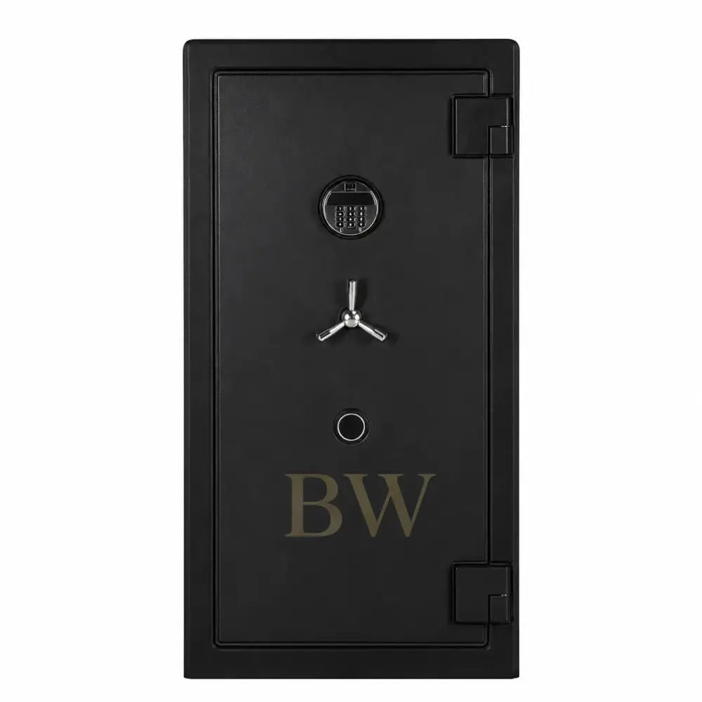 Black safe door with a silver handle on a white background