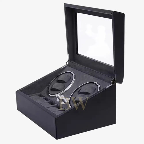 Black watch winder box, side view.