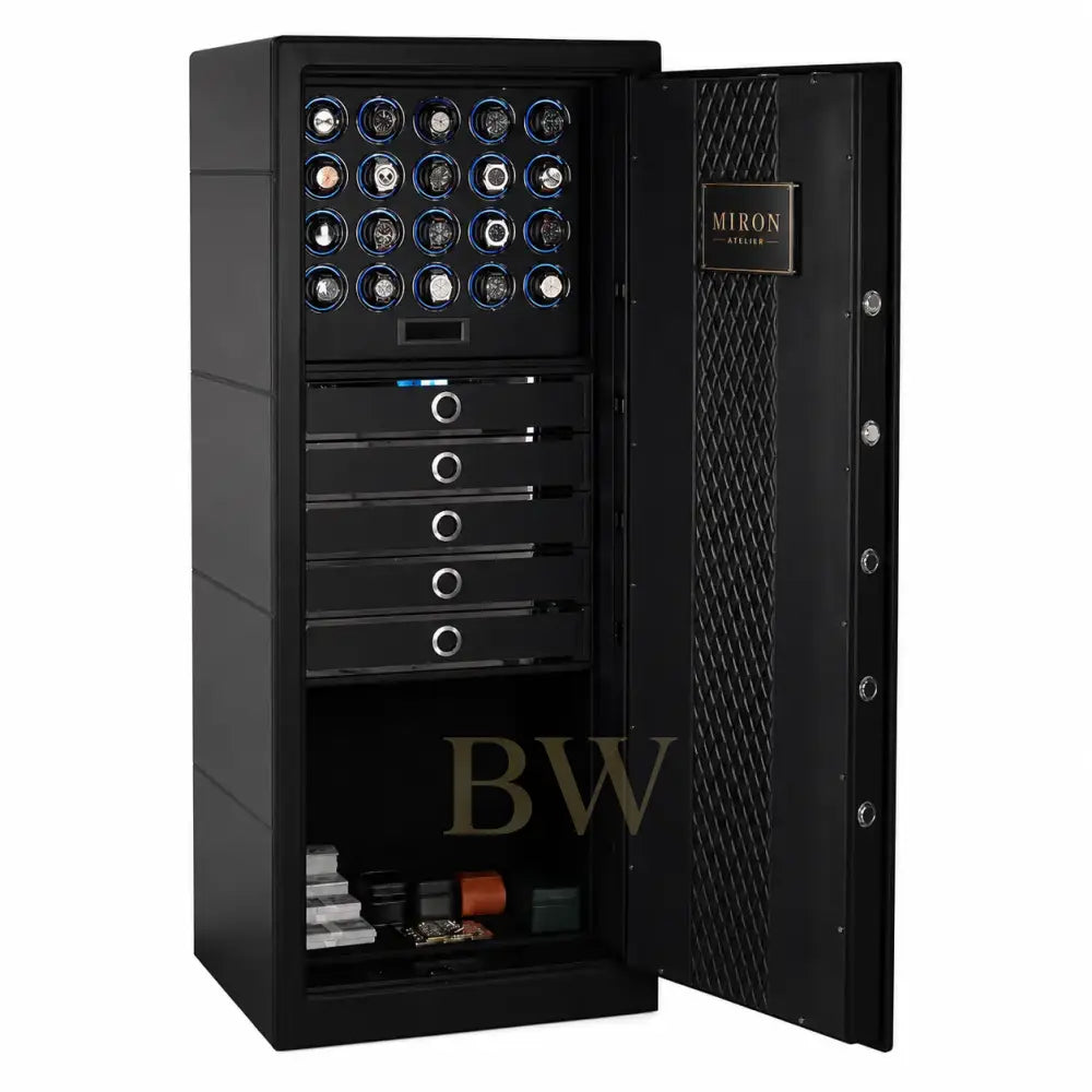 Black safe watch winder with open door displaying various items, branded 'MIRON'.