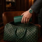 A dark green Luxury travel duffel bag sits on a brown leather chair, with a person's hand placing a matching green leather watch travel roll inside. The person is wearing a Rolex Hulk watch with a green dial.