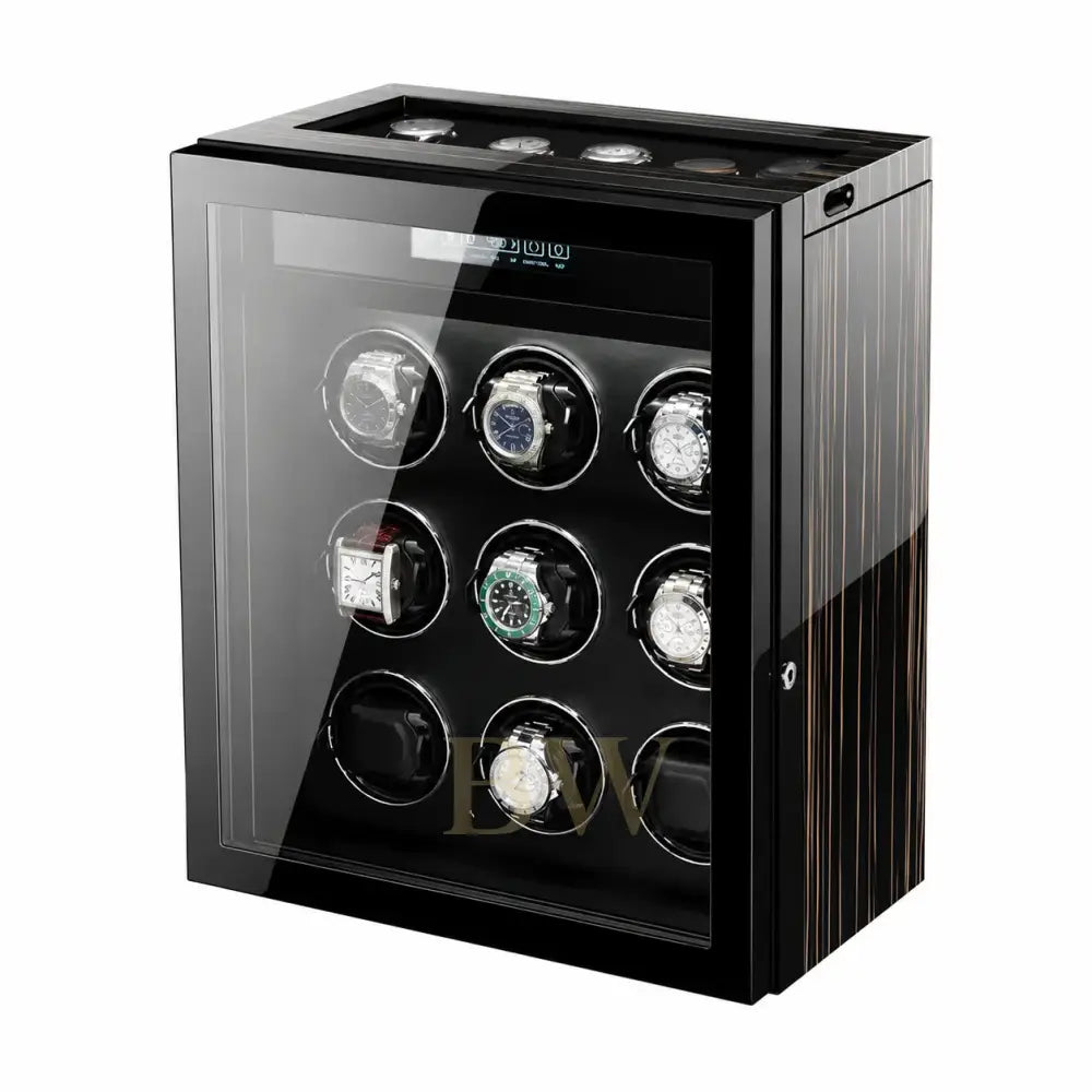 Watch winder with eight watches inside on a white background