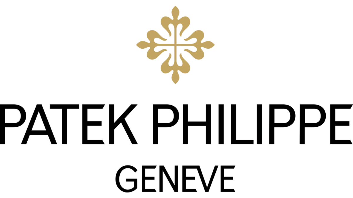 Patek Philippe logo with gold emblem and black text on a white background