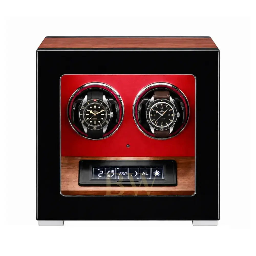Double red watch winder with wooden accents