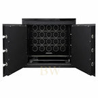 Black safe with open doors revealing a compartment for luxury watch collection