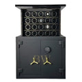 Black safe with open door revealing watch collection on a white background