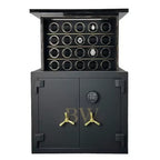 Black safe with open door revealing watch collection on a white background