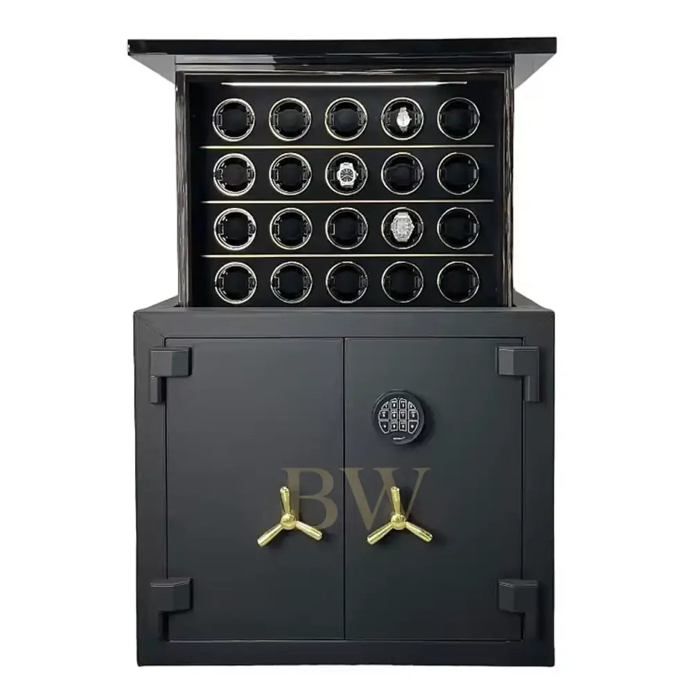 Black safe with open door revealing watch collection on a white background