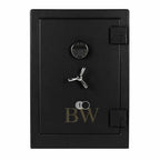 Black safe with digital and traditional lock mechanisms on a white background