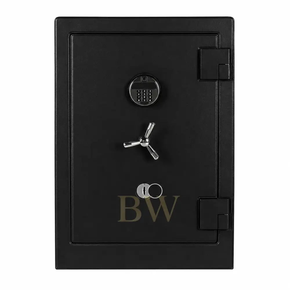 Black safe with digital and traditional lock mechanisms on a white background