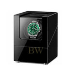 Black watch winder with a Rolex Hulk watch inside on a white background