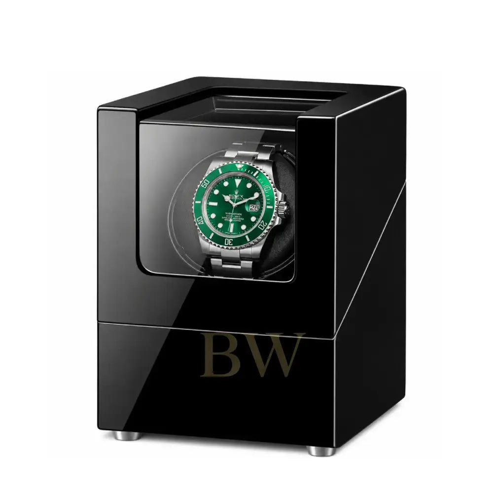 Black watch winder with a Rolex Hulk watch inside on a white background