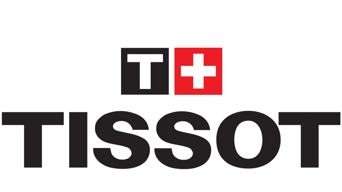 Tissot logo with a black 'T' and red square with white cross on a white background