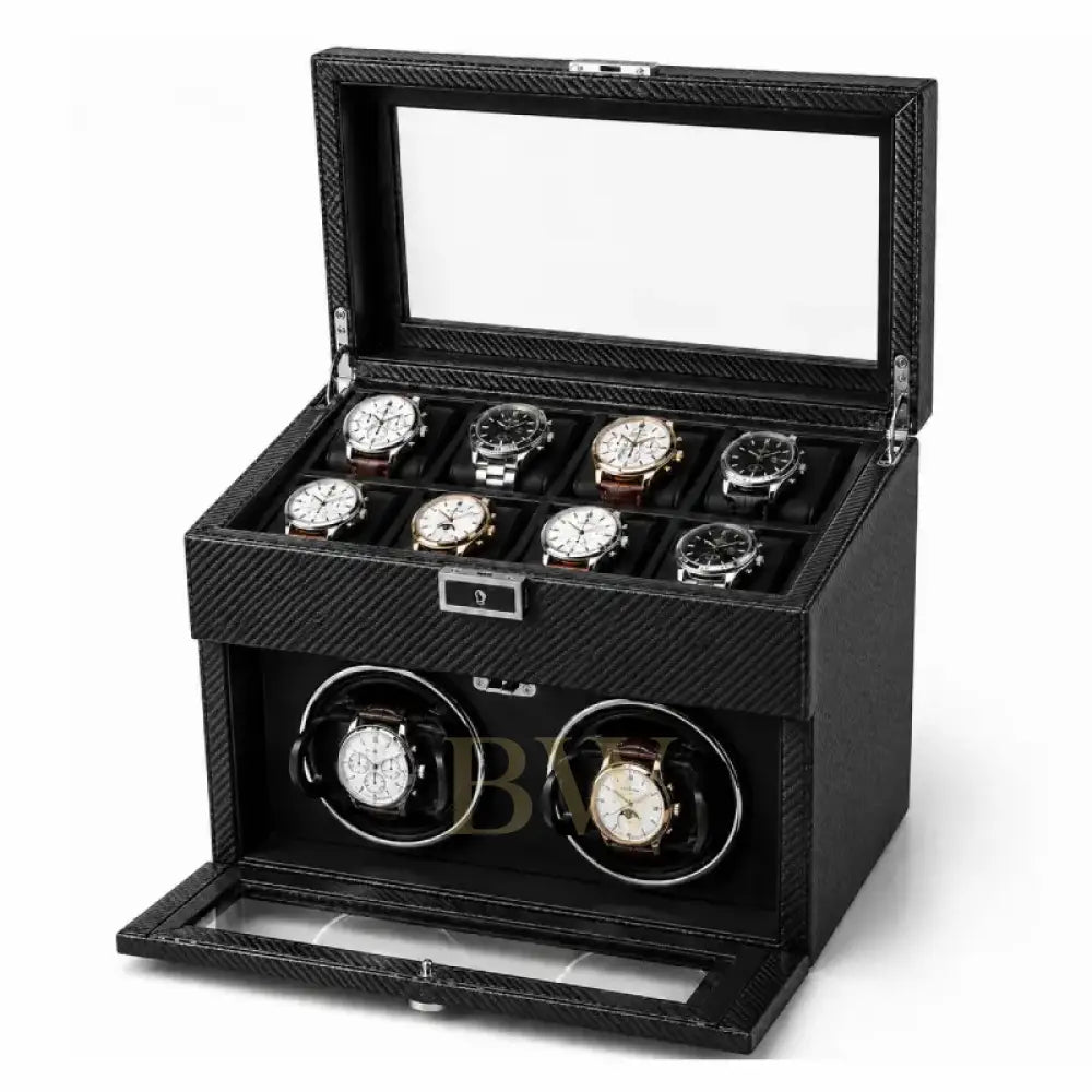 Black carbon watch winder box with ten watches on a white background