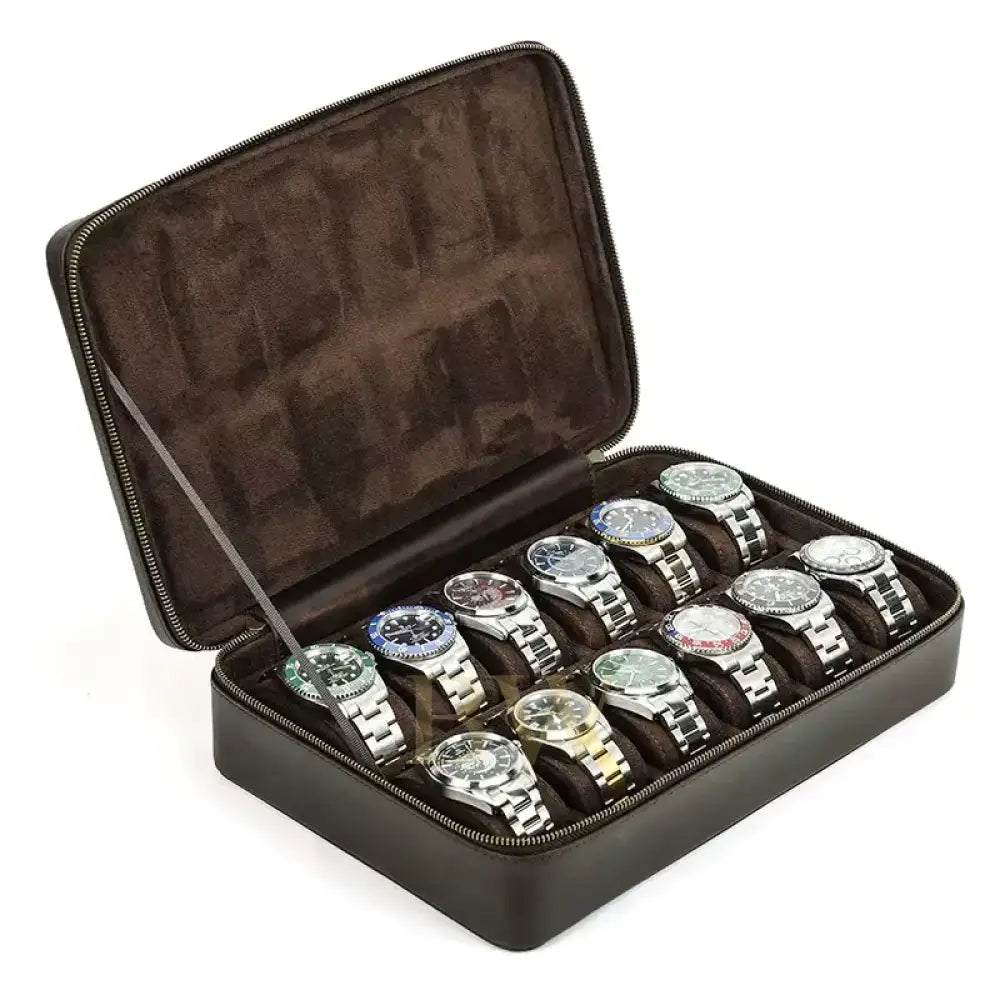 Set of luxury watches in a brown leather watch case box on a white background