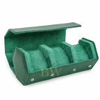 A green velvet jewelry watch organizer box with three compartments, shown open on a white background.