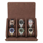 A brown suede watch roll travel storage with six cushioned slots, shown open and filled with six different luxury watches on a white background.