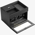 Black watch winder with two rotating watches on a white background