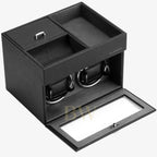 Black watch winder with two rotating watches on a white background