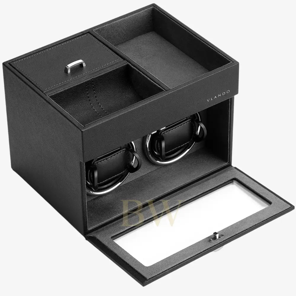 Black watch winder with two rotating watches on a white background