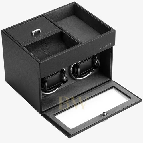 Black watch winder with two rotating watches on a white background
