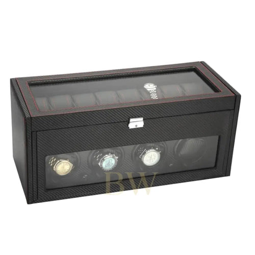 Black watch box with four watch faces on a white background