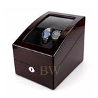 Wooden watch winder large box with two watches on a white background