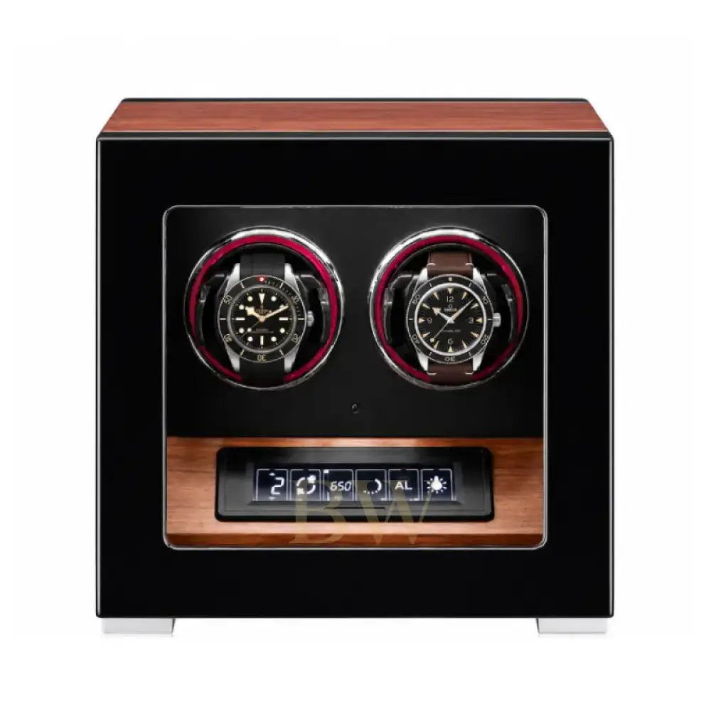 Watch winder with two luxury Tissot and Omega watches inside, finger print opening