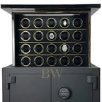 Black watch winder with 20 slots for luxury collection of watches on a white background
