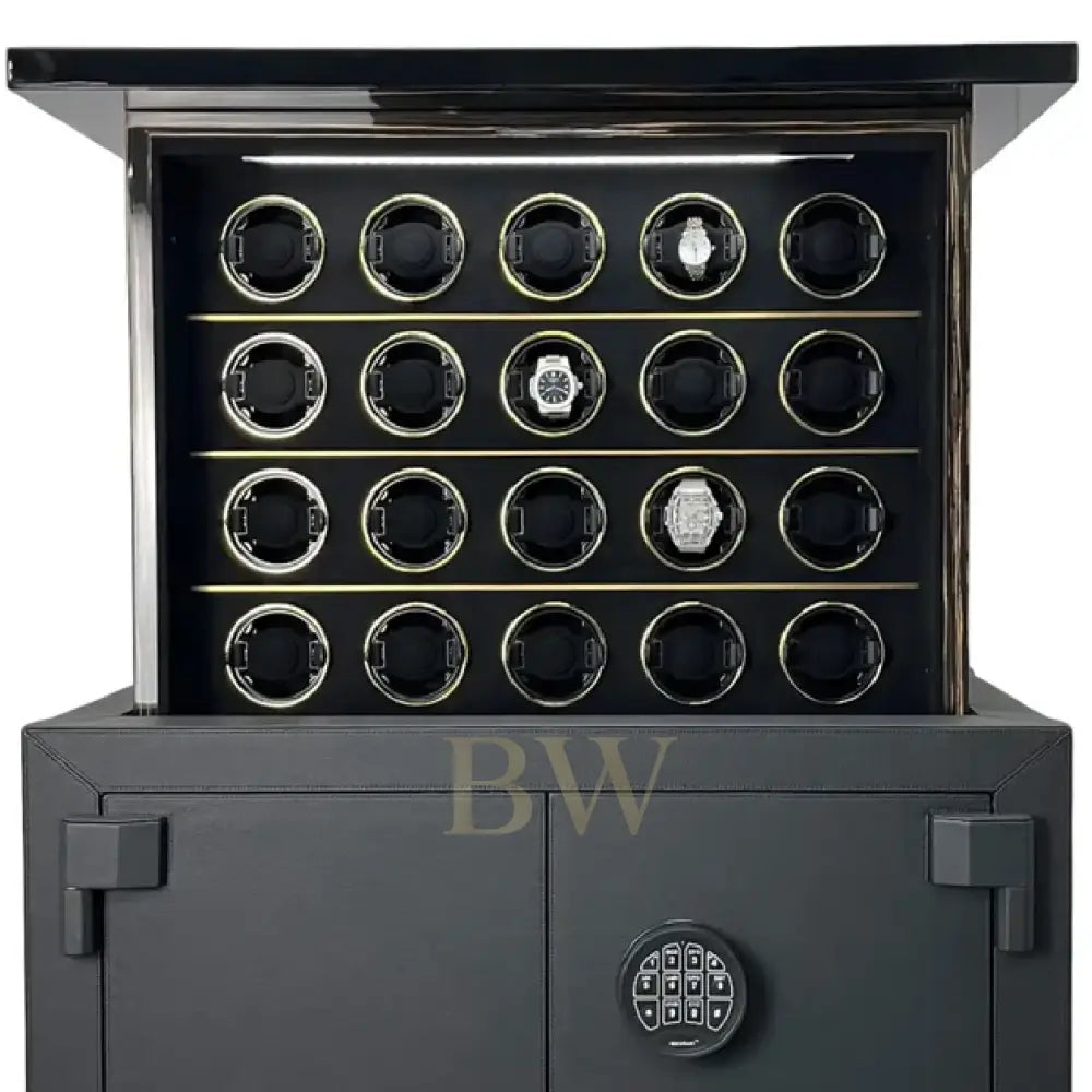 Black watch winder with 20 slots for luxury collection of watches on a white background