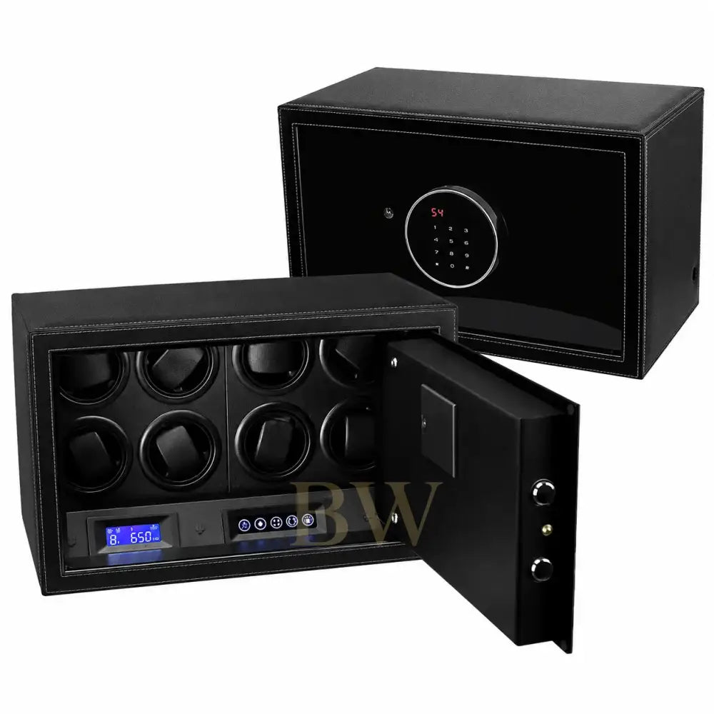 Black Miron Atelier watch winder with digital display and lock on a white background