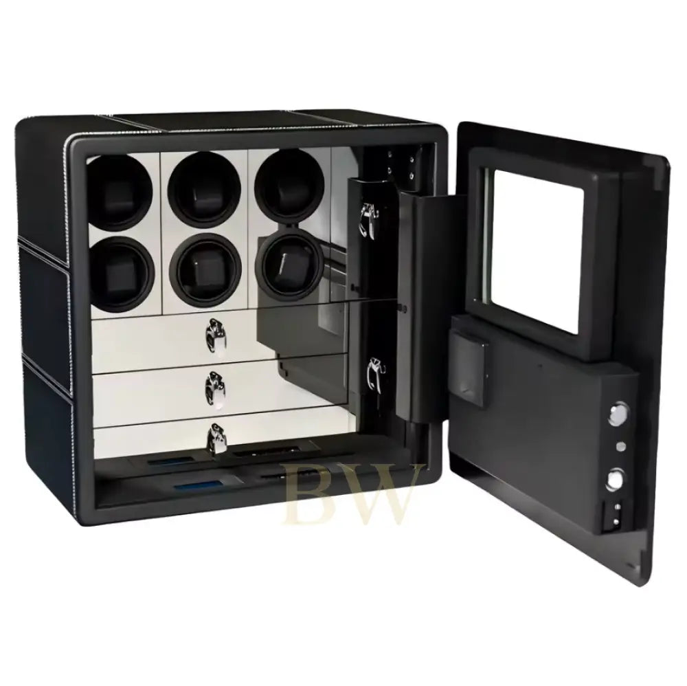 Black watch winder safe vault with open door. Mirror inside. Fingerprint lock.