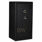 Black safe with a silver handle and lock on a white background