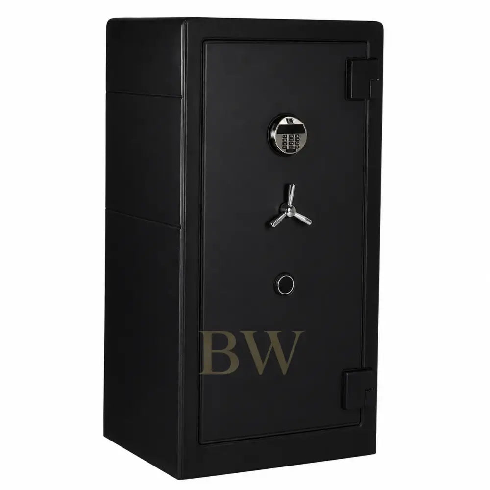 Black safe with a silver handle and lock on a white background