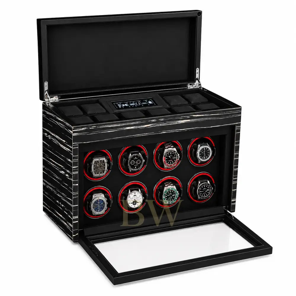 Black watch winder with multiple watches. For luxury watch collector.