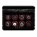 Black watch winder with eight luxury watches on a white background