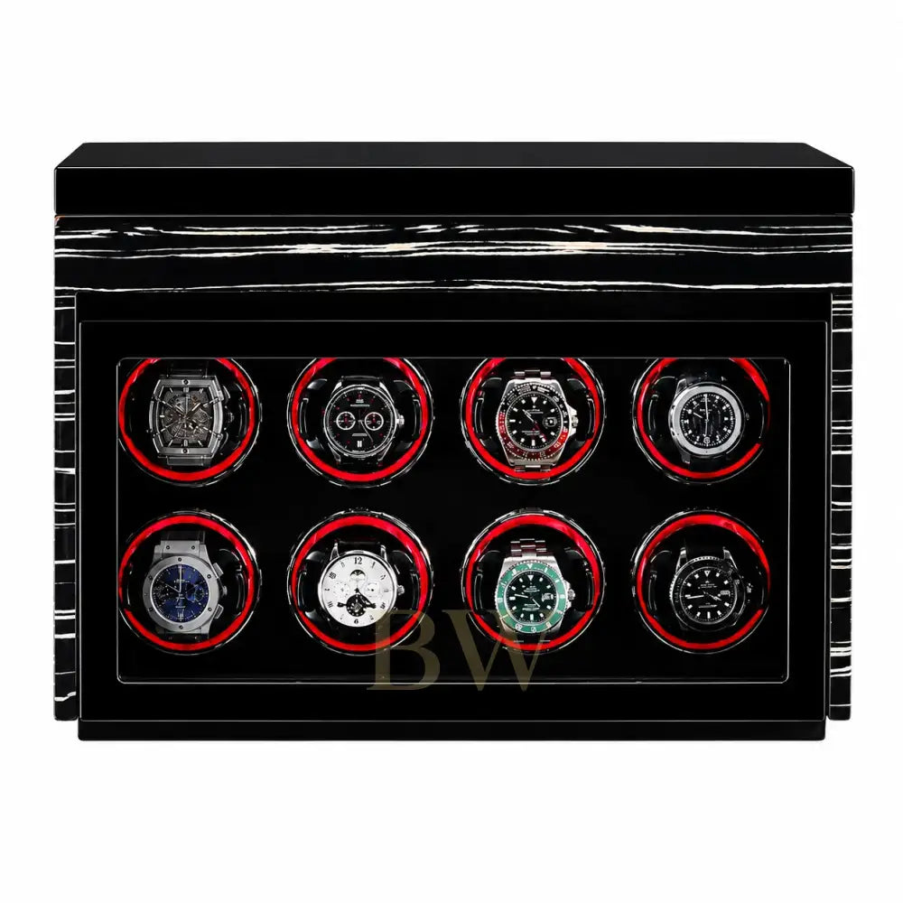 Black watch winder with eight luxury watches on a white background