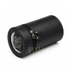 Black crocodile-patterned watch winder roll with a luxury watch inside on a white background